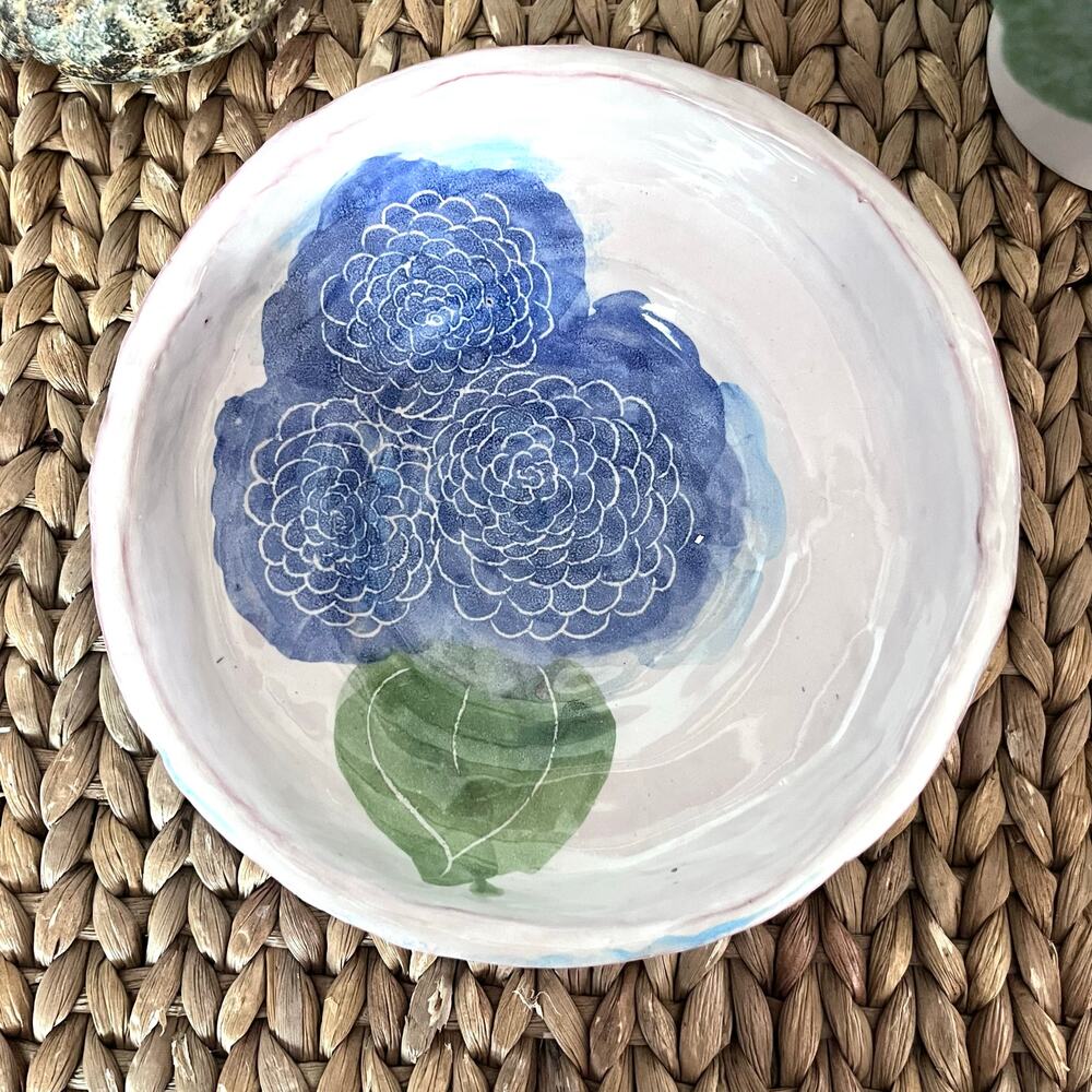 Rustic Terra Cotta Studio Pottery Pedestal Bowl White Blue Green Floral 7.25"
